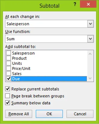 Figure 1-19: The Subtotal Dialog Box