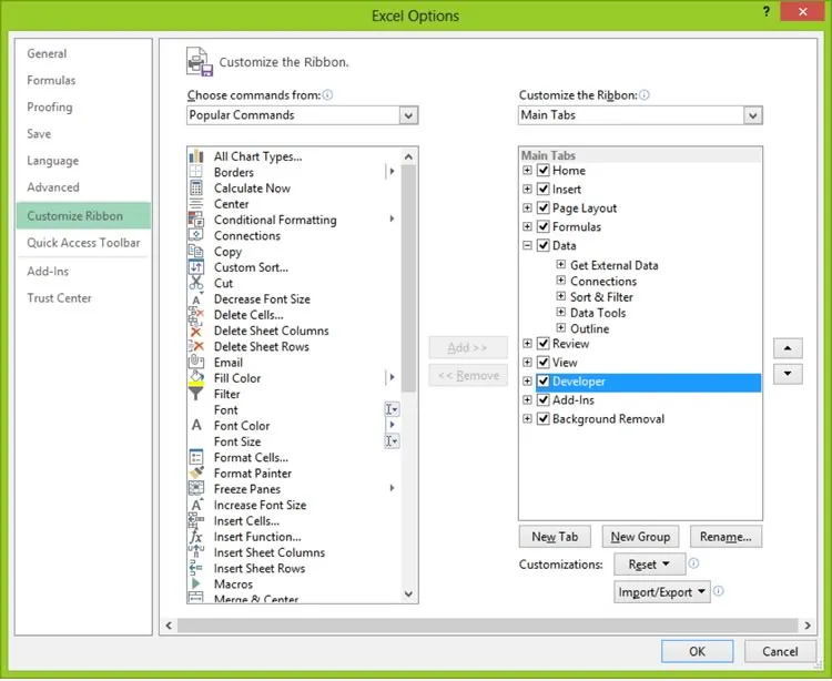 Figure 2-3: Setting the developer Tab on